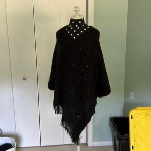 Women’s fringe black knit glitter poncho. ONE SIZE FITS ALL